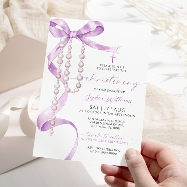 Invitación Elegante Lavanda Bow & Rosary Christening (Subido por el creador)