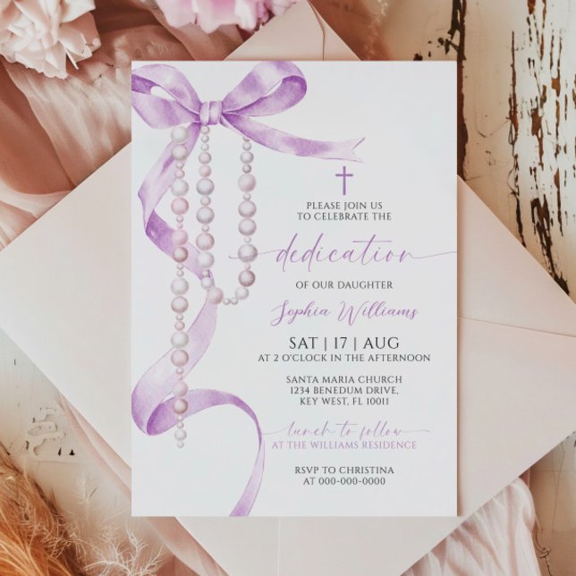 Invitación Elegante Lavanda Bow & Rosary Dedication (Subido por el creador)
