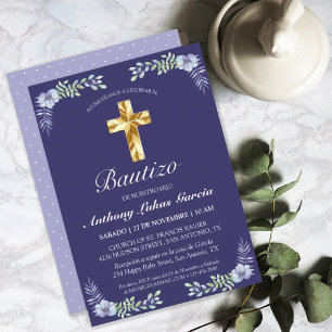 Invitación Elegante Lavanda Cruz De Oro Bautizo Bebé Invitati