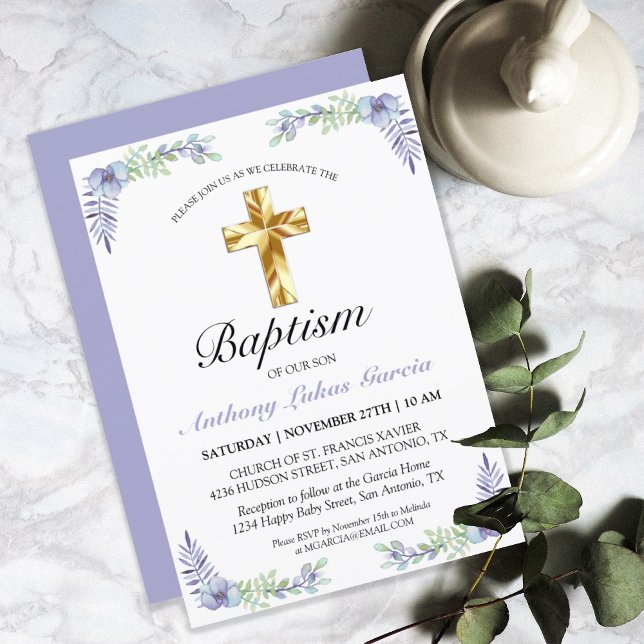 Invitación Elegante lavanda cruza de oro bautizo bebé (Subido por el creador)
