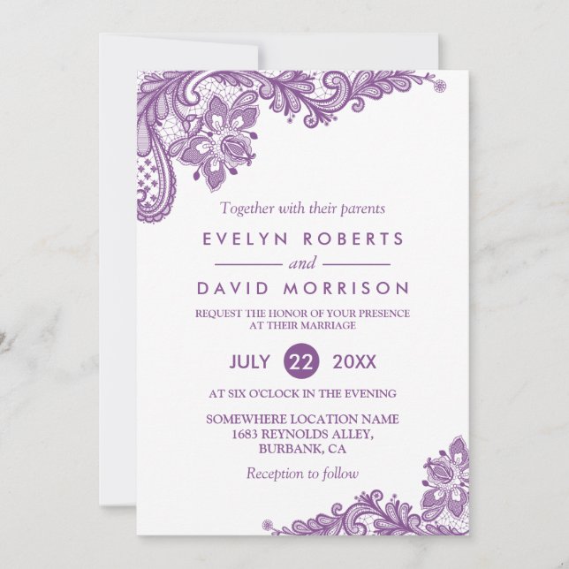 Invitación Elegante Lavanda de encaje Boda formal morado blan (Anverso)