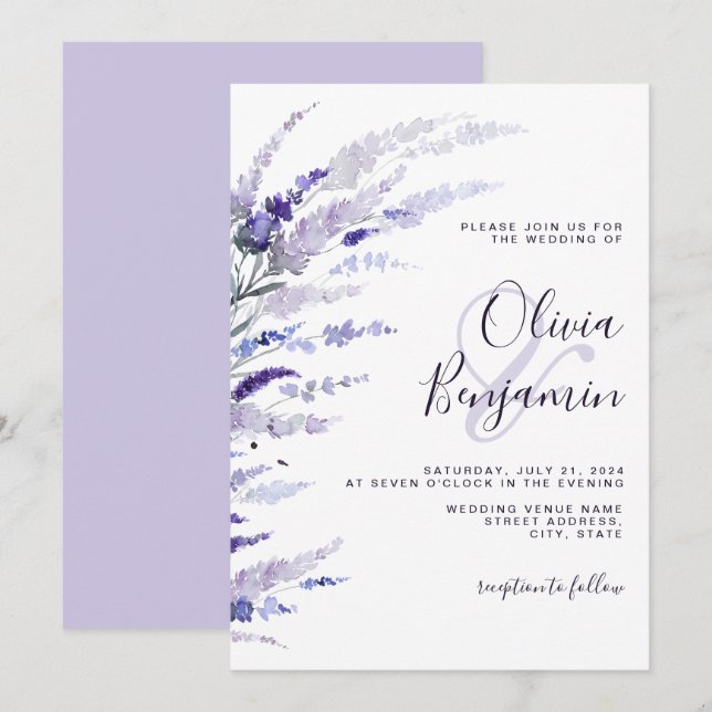 Invitación Elegante Lavanda Dusty Purple Floral Lilac Boda (Anverso / Reverso)