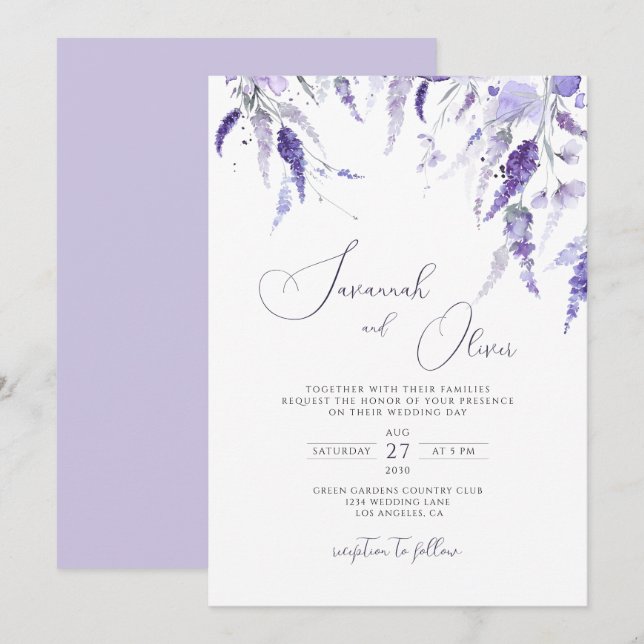 Invitación Elegante Lavanda Dusty Purple Floral Lilac Boda (Anverso / Reverso)