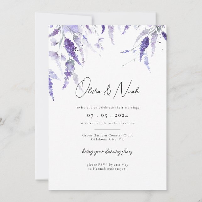 Invitación Elegante Lavanda Floral Acuarela Lilac Boda (Anverso)