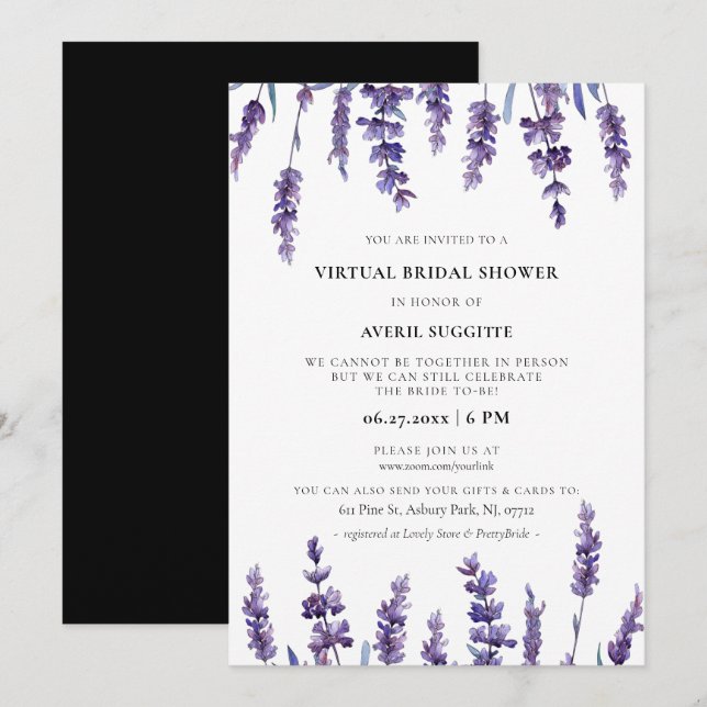 Invitación Elegante lavanda floral Ducha virtual de novia (Anverso / Reverso)