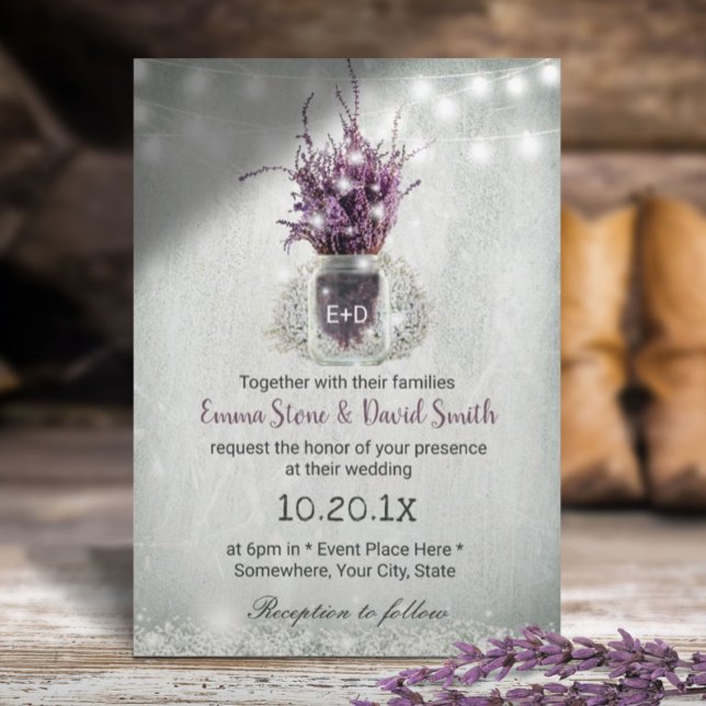 Invitación Elegante Lavanda Floral Jar String Luces Boda (Subido por el creador)
