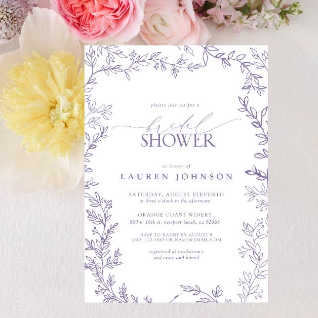 Invitación Elegante Lavanda Floral Leaf Bridal Ducha (Bridal Shower Invitation)