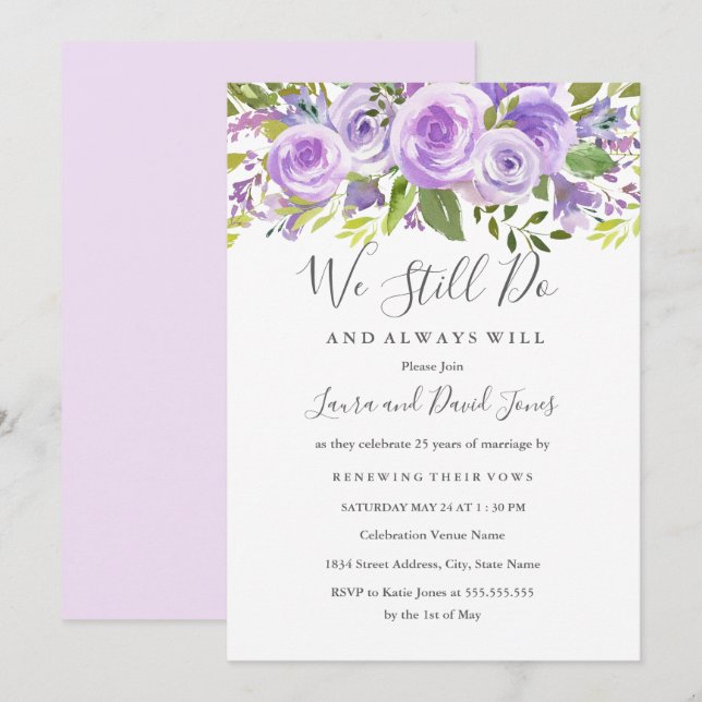 Invitación Elegante Lavanda Floral Rosa Boda Vow Renovación (Anverso / Reverso)
