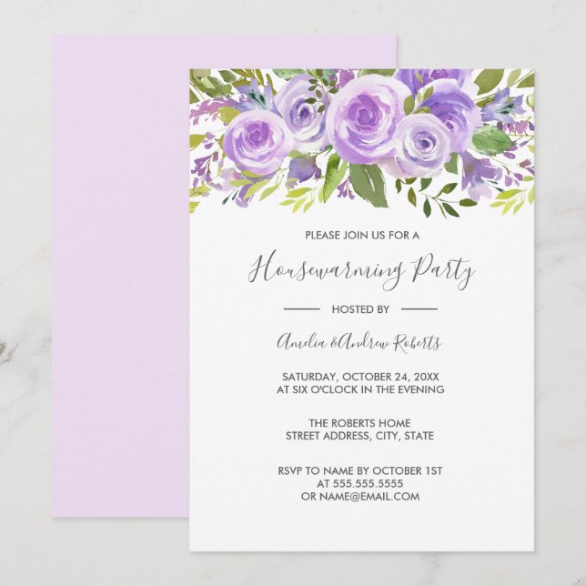 Invitación Elegante Lavanda Floral Rosa Casa Calentador (Anverso / Reverso)