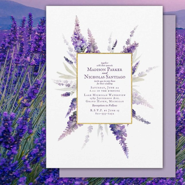 Invitación Elegante Lavanda Flores Boda de acuarela floral (Watercolor Lavender under a faux gold foil frame on this beautiful wedding invitation.)