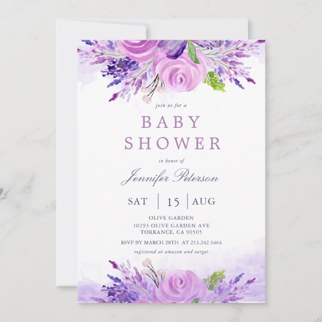 Invitación Elegante Lavanda Flores Púrpura Baby Shower (Anverso)