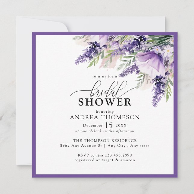 Invitación Elegante Lavanda Flores Púrpura Ducha Bridal (Anverso)