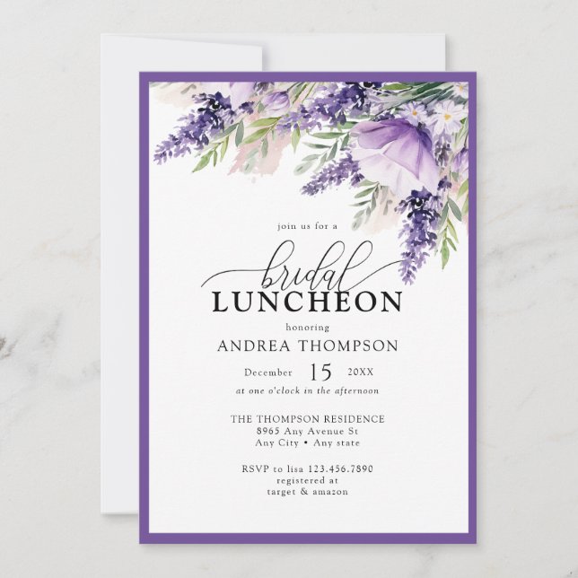Invitación Elegante Lavanda Flores Púrpuras Noche Luncheon (Anverso)