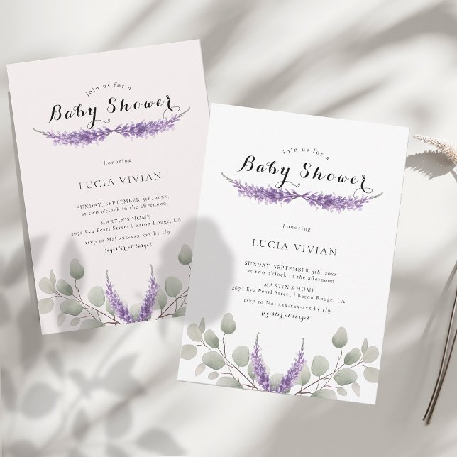 Invitación Elegante Lavanda Greeny Eucalyptus Baby Shower (Subido por el creador)