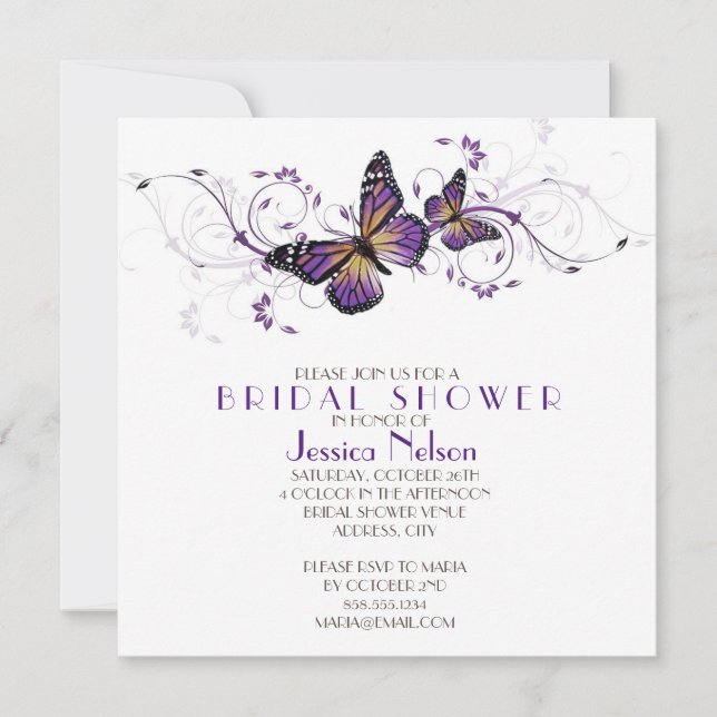Invitación Elegante Lavanda Mariposa Swirls Bridal Shower (Anverso)