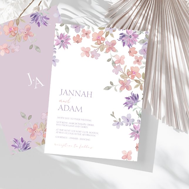 Invitación Elegante Lavanda Pink Whimsical Wildflower Boda (Elegant Lavender Pink Whimsical Wildflower Wedding Invitation)