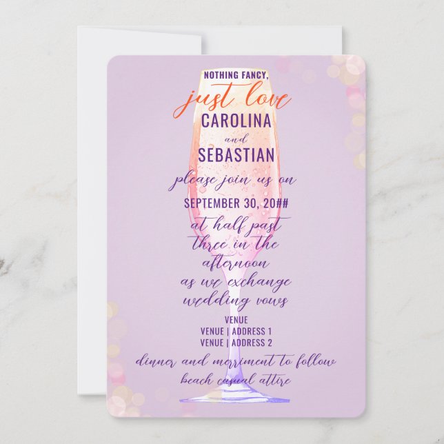 Invitación Elegante Lavanda Purple Bubbly Champagne Boda (Anverso)