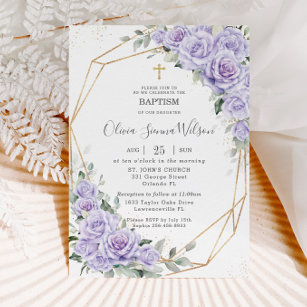 Invitación Elegante Lavanda Púrpura Bautismo Floral Christeni