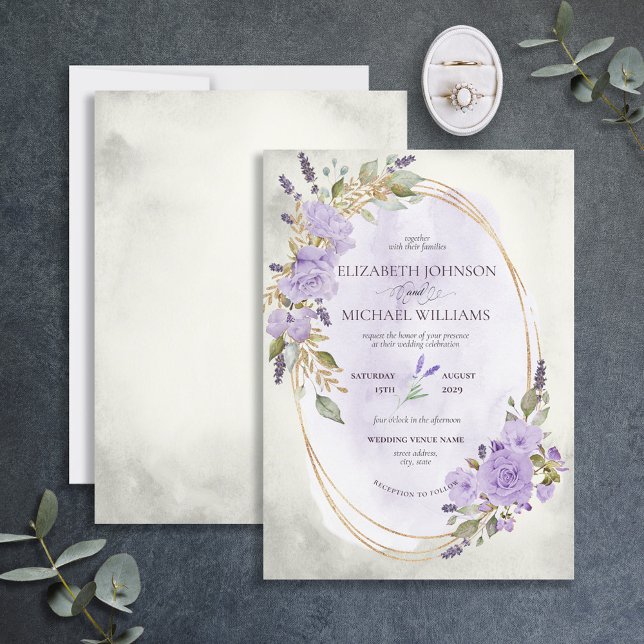 Invitación Elegante Lavanda Púrpura Floral Dorada acuarela (Subido por el creador)