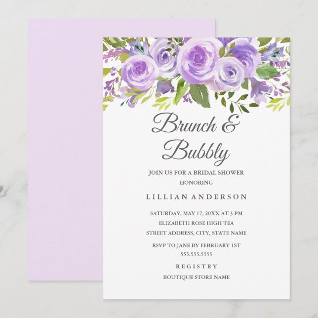 Invitación Elegante Lavanda Rosa Floral Brunch Y Bubbly (Anverso / Reverso)
