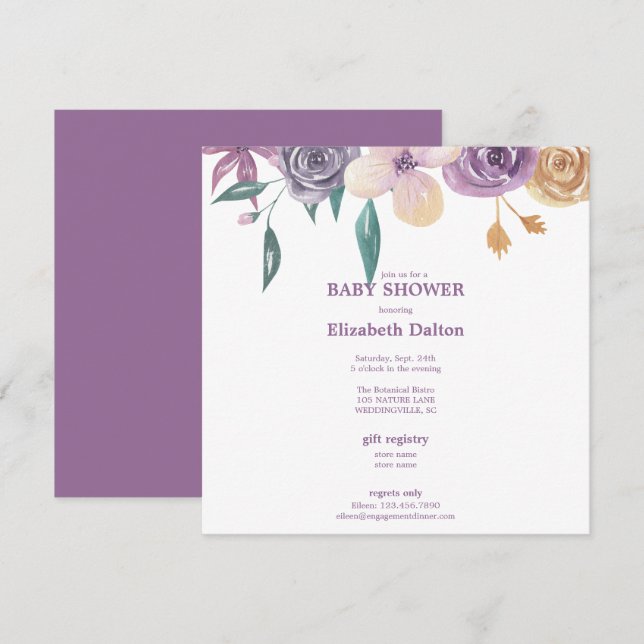 Invitación Elegante Lavanda y Baby Shower con flores de oro (Anverso / Reverso)
