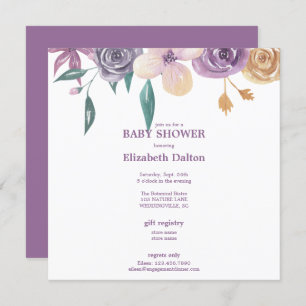 Invitación Elegante Lavanda y Baby Shower con flores de oro