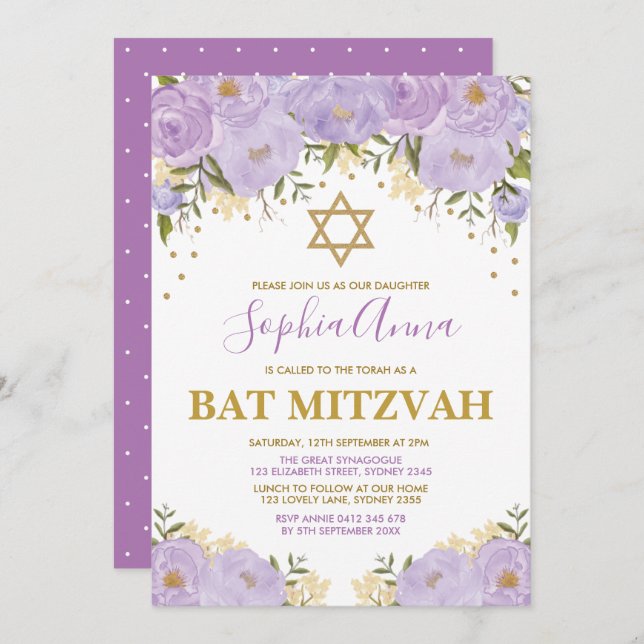 Invitación Elegante Lavanda y Bate floral de oro Mitzvah (Anverso / Reverso)