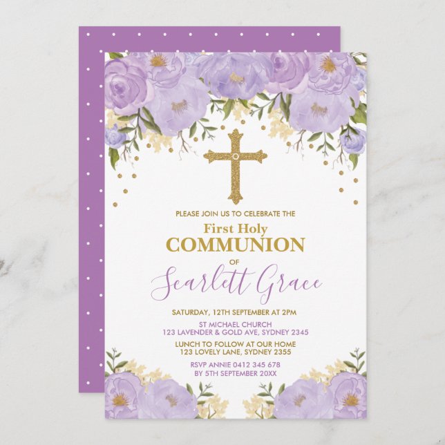 Invitación Elegante Lavanda y Comunión floral de oro (Anverso / Reverso)