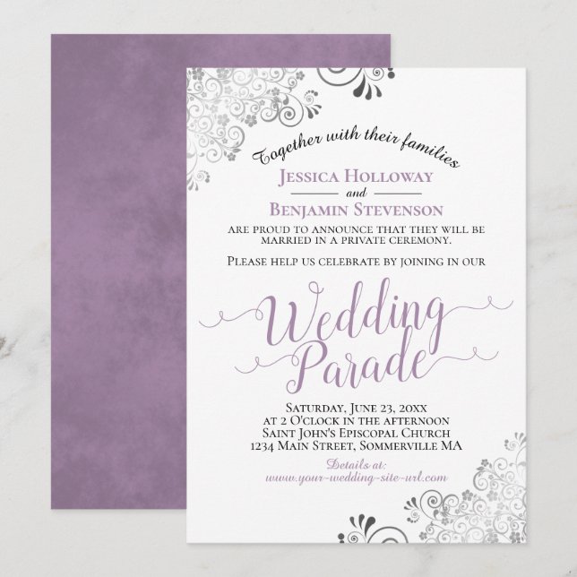 Invitación Elegante Lavanda y Desfile Boda Gris Lacy (Anverso / Reverso)