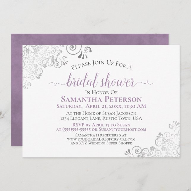 Invitación Elegante Lavanda y ducha de novia blanca de encaje (Anverso / Reverso)