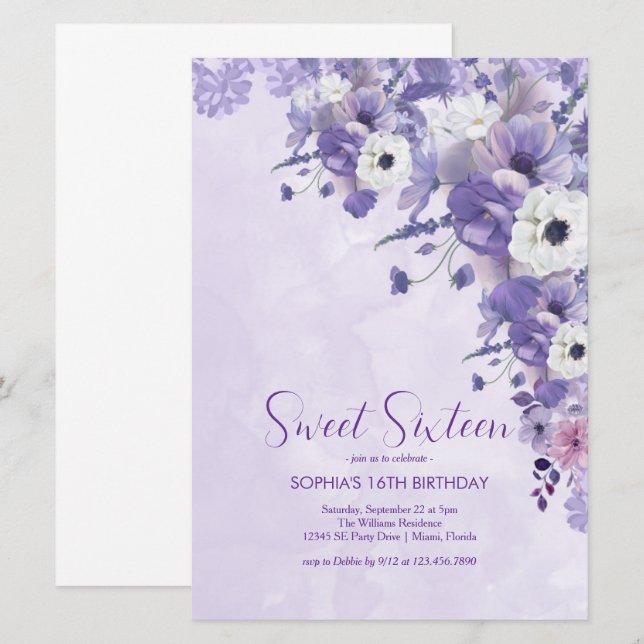 Invitación Elegante Lavender Floral Sweet 16 (Anverso / Reverso)