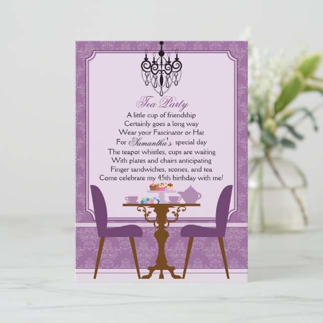 Invitación Elegante Lavender Purple Damask Birthday Tea Fiest (Anverso de pie)