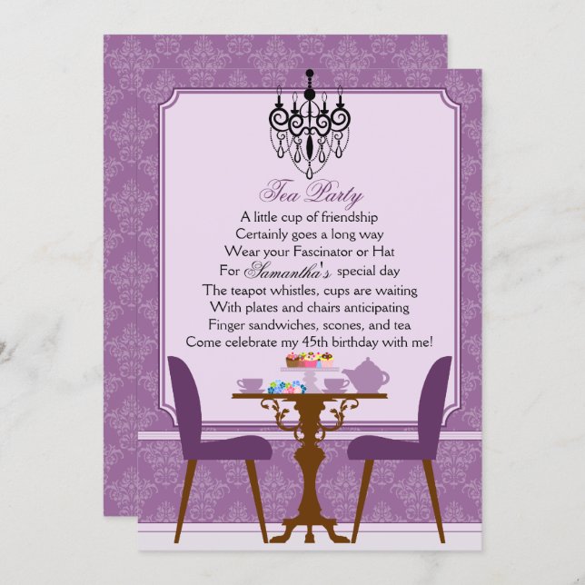 Invitación Elegante Lavender Purple Damask Birthday Tea Fiest (Anverso / Reverso)