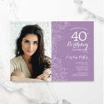 Invitación Elegante Lavender Purple Floral Foto 40 cumpleaños<br><div class="desc">Invitación a la fiesta de 40 cumpleaños con flores moradas de lavanda con tu foto en la parte delantera de la tarjeta. Diseño elegante y moderno con detalles botánicos de dibujos y tipografía. Sencilla carta de invitación a la moda, perfecta para una elegante celebración de cumpleaños femenina. Se puede personalizar...</div>