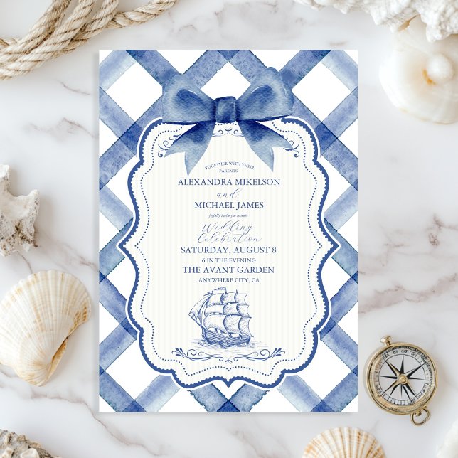 Invitación Elegante Lazo Azul Marino de Boda Chic Náutico (Subido por el creador)