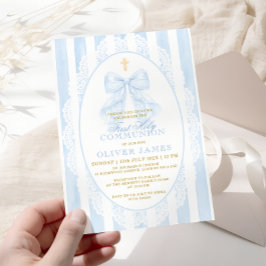Invitación Elegante Lazo Azul Primera Comunión