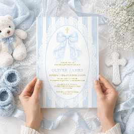 Invitación Elegante Lazo Azul y Cruz Bautizo de Niño