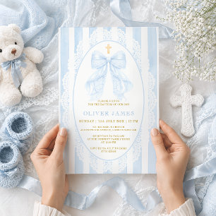 Invitación Elegante Lazo Azul y Cruz Bautizo de Niño