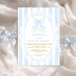 Invitación Elegante Lazo Azul y Cruz Bautizo Niño