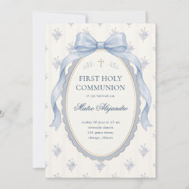 Invitación Elegante Lazo Coquette Azul Claro Floral Primera C