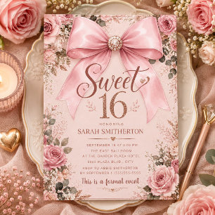 Invitación Elegante lazo Coquette rosa Dulces 16