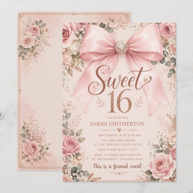 Invitación Elegante lazo Coquette rosa Dulces 16 (Anverso / Reverso)