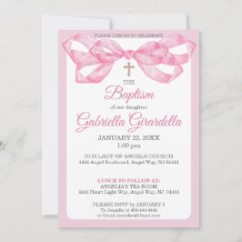 Invitación Elegante lazo de cinta de acuarela rosa Bautizo