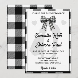 Invitación Elegante lazo de gingham negro y blanco para boda