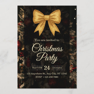 Invitación Elegante lazo de purpurina dorada Fiesta de Navida