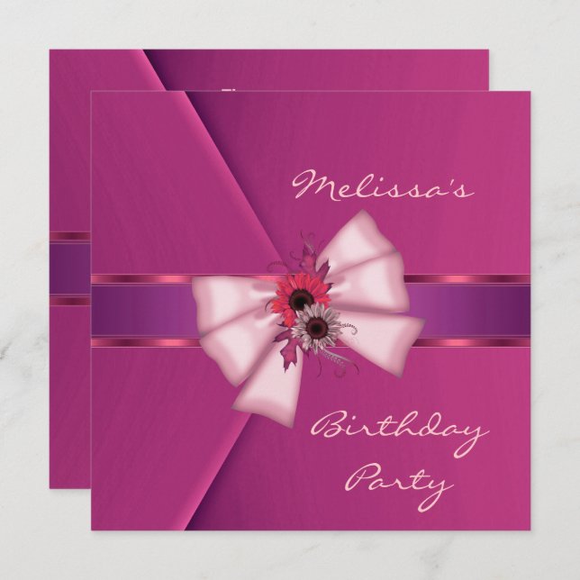 Invitación Elegante Lazo Floral de Terciopelo Rosa (Anverso / Reverso)