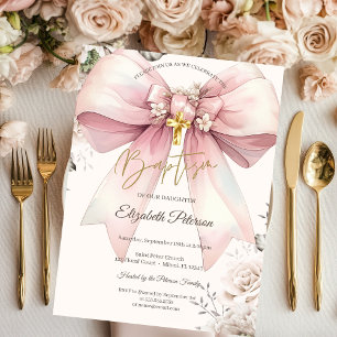 Invitación Elegante lazo floral rosas cruz dorada Bautizo cre