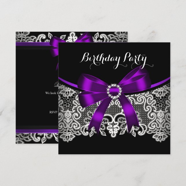 Invitación Elegante Lazo Morado Encaje Negro Cumpleaños Blanc (Anverso / Reverso)