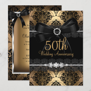 Invitación Elegante lazo negro damasco dorado 50 aniversario