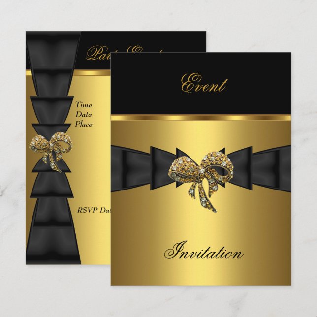 Invitación elegante lazo negro oro Joya (Anverso / Reverso)
